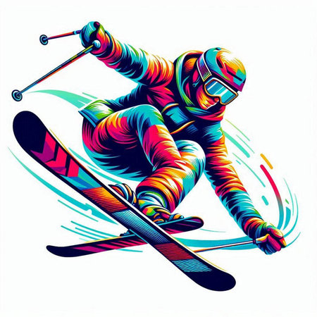 Skier jumping with a skis in his hand. Vector illustration.のイラスト素材