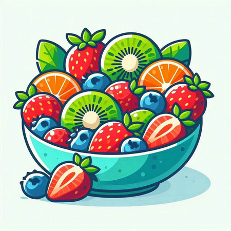 Fruit bowl with strawberries, blueberries and kiwi. Vector illustration.のイラスト素材
