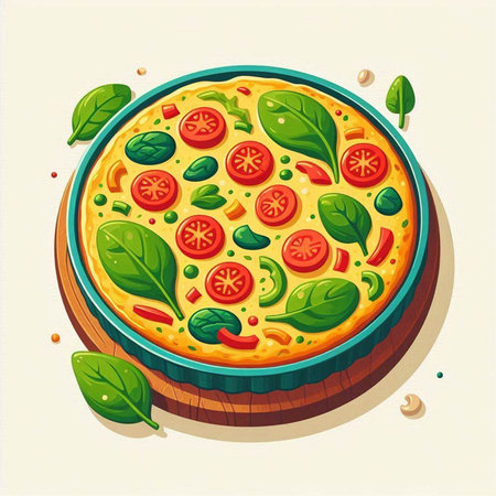 Illustration of a pizza with spinach, tomato and mozzarellaのイラスト素材