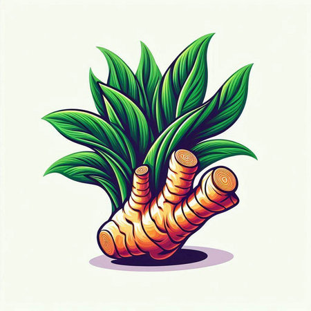 Ginger root and leaves isolated on white background. Vector illustration.のイラスト素材