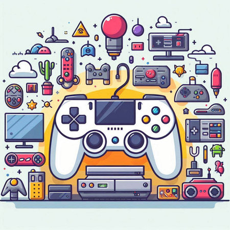 Gamepad and video game console. Colorful flat vector illustration.のイラスト素材