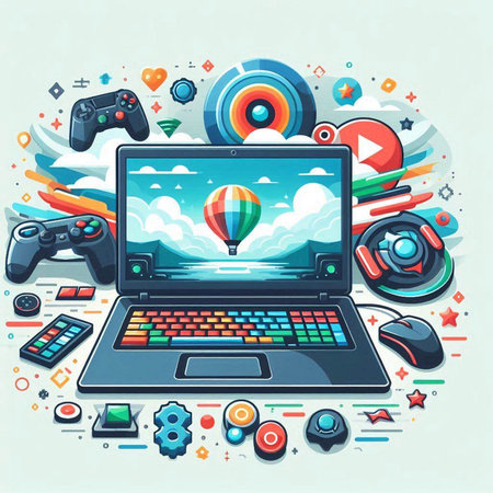 Vector illustration with laptop, gamepad, video game controller and colorful icons on blue background.のイラスト素材