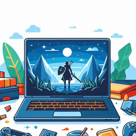 Laptop with knight in the middle of the mountains. Vector illustrationのイラスト素材