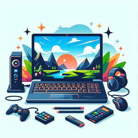 Laptop, gamepad, video game console, joystick, headphones. Vector illustrationのイラスト素材