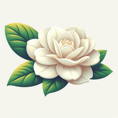 Beautiful white camellia flower with green leaves. Vector illustration.のイラスト素材