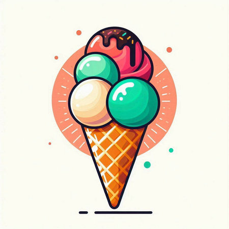 Ice cream in waffle cone with colorful ice cream balls. Vector illustration.のイラスト素材