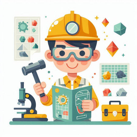 Engineer boy with tools and equipment. Vector illustration in flat styleのイラスト素材