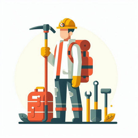 Vector illustration of a man in a hardhat with a shovel and a backpack.のイラスト素材