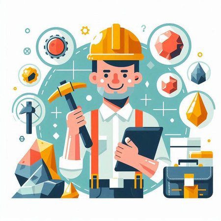 Worker in hardhat with tools. Vector illustration in flat styleのイラスト素材