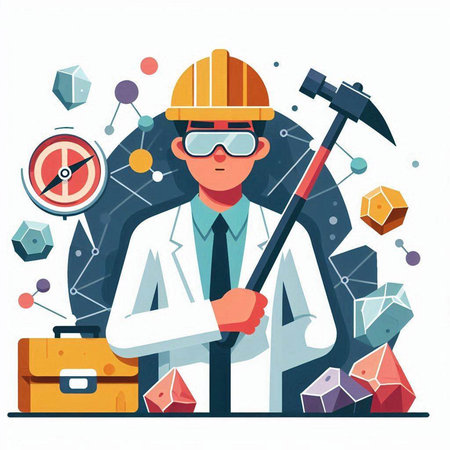 Scientist in hardhat with hammer. Vector illustration in flat styleのイラスト素材