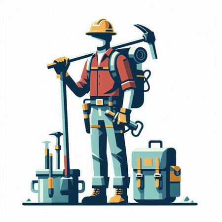 Cartoon illustration of a construction worker with tools. Vector illustration.のイラスト素材