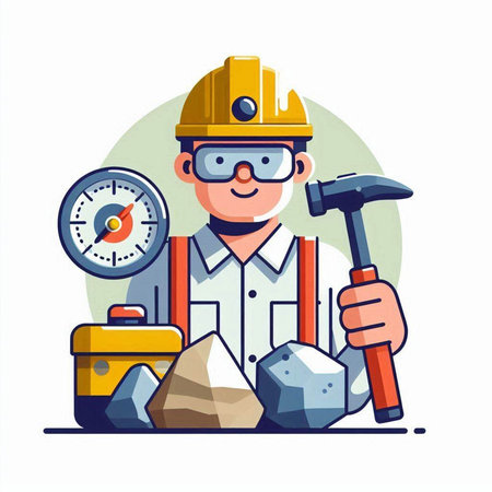 Miner with tools. Flat vector illustration in cartoon style on white background.のイラスト素材