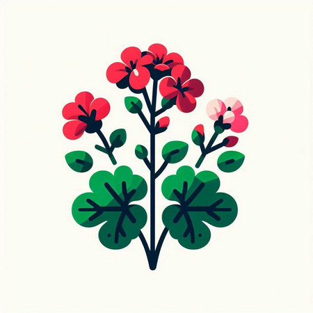 Geranium flower illustration. Hand drawn red and green geranium flowers isolated on white background.のイラスト素材