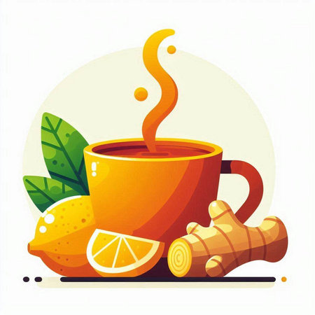 Cup of tea with lemon, ginger and turmeric. Vector illustration.のイラスト素材
