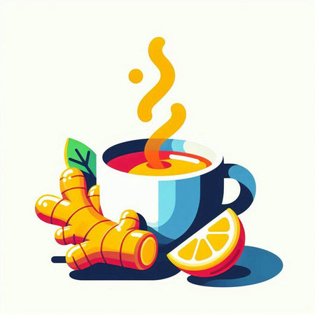 Cup of tea with ginger, lemon and mint. Vector illustration.のイラスト素材