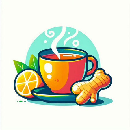 Cup of tea with ginger, lemon and turmeric. Vector illustration.のイラスト素材