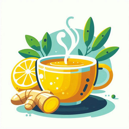 Cup of tea with lemon and ginger. Flat vector illustration.のイラスト素材