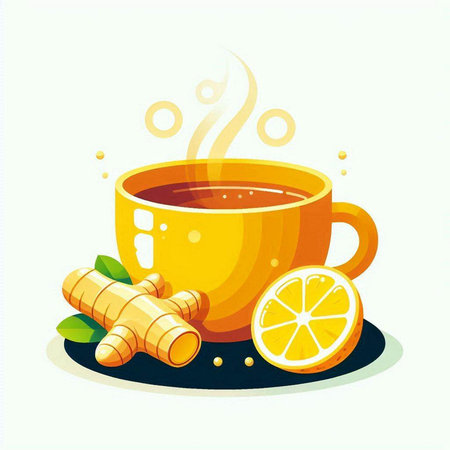 Cup of tea with ginger, lemon and turmeric. Vector illustration.のイラスト素材