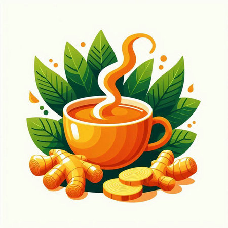 Cup of tea with turmeric and leaves. Vector illustration.のイラスト素材