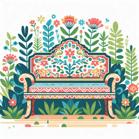 Retro sofa in the garden with floral pattern. Vector illustration.のイラスト素材