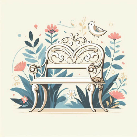 Vintage bench with flowers, birds and birds. Vector illustration.のイラスト素材