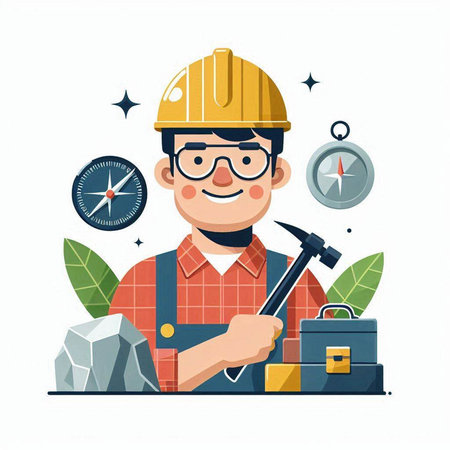 Worker with tools. Vector illustration in flat style isolated on white background.のイラスト素材