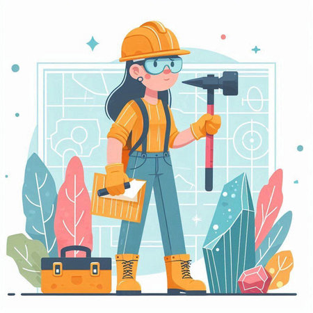 Cartoon construction worker with tools. Vector illustration in flat style.のイラスト素材
