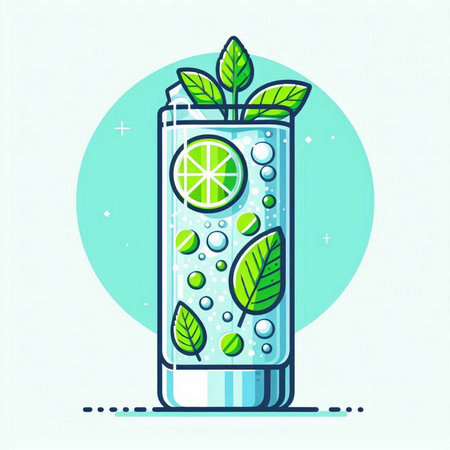 Mojito Cocktail with lime, mint and ice. Vector illustration.のイラスト素材