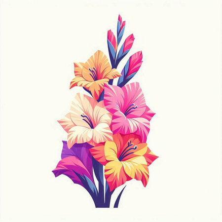Illustration of colorful gladiolus flowers bouquet on white backgroundのイラスト素材