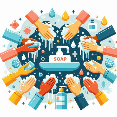 Coronavirus prevention concept. Washing hands with soap. Vector illustration in flat styleのイラスト素材
