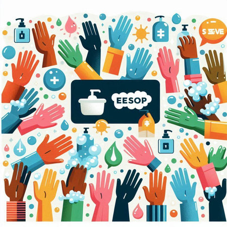 Vector illustration of cleaning and disinfecting hands with soap and liquid.のイラスト素材