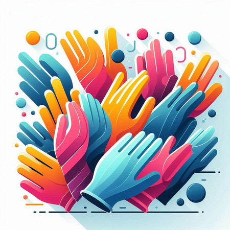 Vector illustration of hands in different colors on a white background. Teamwork concept.のイラスト素材