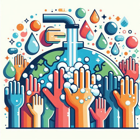 Vector illustration of hands washing with soap and water in flat style.のイラスト素材