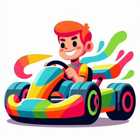 Happy boy driving a toy car. Vector illustration in cartoon style.のイラスト素材