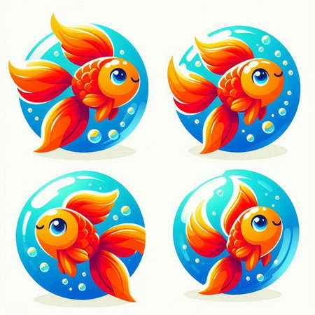Set of cartoon goldfish in a round aquarium. Vector illustration.のイラスト素材