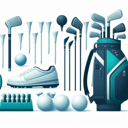 Golf sport equipment vector illustration with golf ball, clubs and golf shoesのイラスト素材