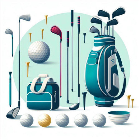 Golf equipment. Golf club, ball, bag, clubs, bag, ball, bag. Vector illustrationのイラスト素材