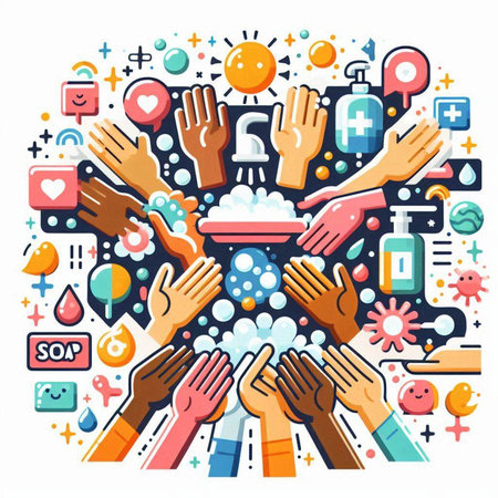 Coronavirus prevention concept. Washing hands with soap and sanitizer. Vector illustrationのイラスト素材