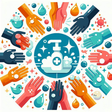 Vector illustration of washing hands with sanitizer gel, soap and bubbles in circleのイラスト素材
