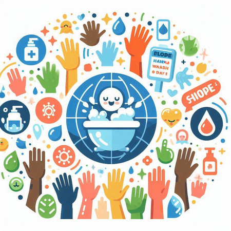 Illustration of hand-washing symbols around the globe on white backgroundのイラスト素材