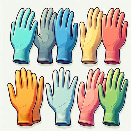 Illustration of rubber gloves in different colors on a white background.のイラスト素材