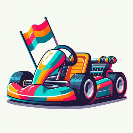 cartoon karting car with flag on white background, vector illustrationのイラスト素材