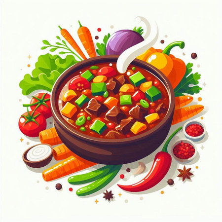 Beef stew in a bowl with peppers and herbs. Vector illustration.のイラスト素材