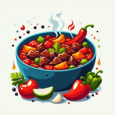 Beef stew with vegetables and spices in a bowl. Vector illustration.のイラスト素材