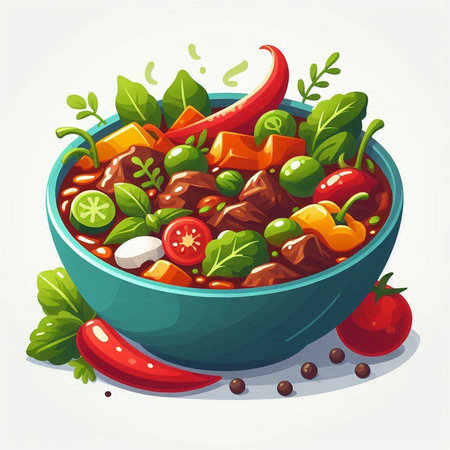 Vegetable stew in a bowl with vegetables. Vector illustration.のイラスト素材
