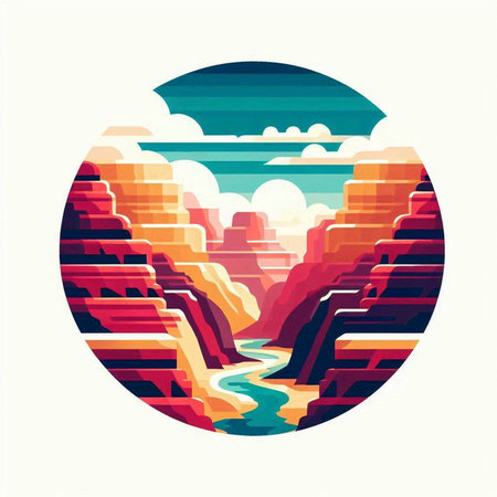 Colorful abstract landscape with river and mountains in a flat style.のイラスト素材