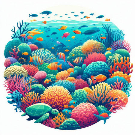 Colorful underwater world with corals and tropical fish. Vector illustration.のイラスト素材