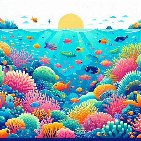 Underwater world with corals, fish and sun. Vector illustration.のイラスト素材