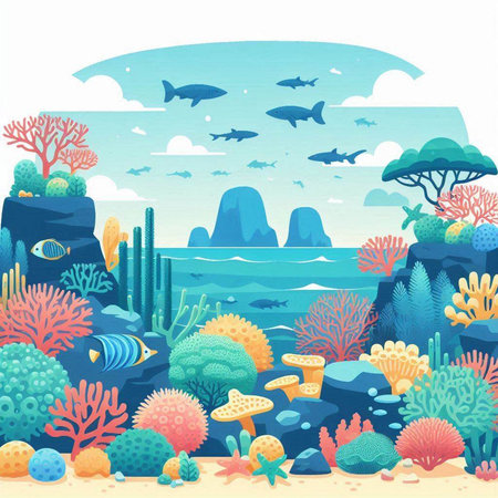 Underwater landscape with coral reef, fish and fish. Vector illustrationのイラスト素材