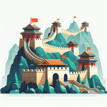 Ancient Chinese fortress in the mountains. Vector illustration in flat style.のイラスト素材